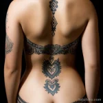 00157-Gorgeous girl with back tattoo, looking down, surrounded by friends 1464492671 tatufoto.com 116 tatufoto.com 116