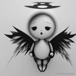 Фото тату: эскиз милого ангела с большими глазами и острыми крыльями, выполненный в черно-белой гамме. Идеально для татуировки на лопатке или предплечье.