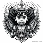 Черно-белое фото тату с изображением ангела с большими крыльями и сияющей звездой над головой. Детализированный и выразительный рисунок.