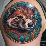 A close-up of a neo-traditional badger tattoo on a mans bicep, featuring bold colors and strong outlines. tatufoto.com 03 10 24 08