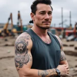 A construction worker with a bold badger tattoo on their upper arm, visible on the worksite. tatufoto.com 03 10 24 04