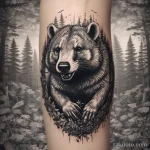 A detailed badger tattoo in a forest landscape, showcasing nature elements and dynamic lighting. tatufoto.com 03 10 24 10