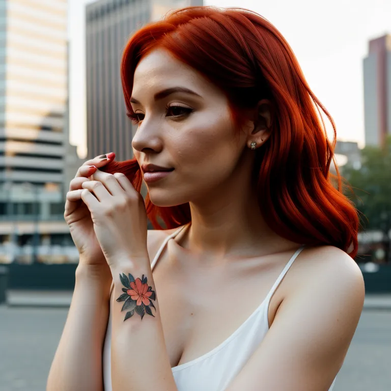 A fair skinned woman with red hair in a cityscape environment tatufoto.com 004