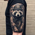 A firefighter with a photorealistic badger tattoo on their upper arm, visible through their uniform sleeve. tatufoto.com 03 10 24 02