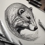 A geometric badger tattoo, blending sharp lines with realistic details. tatufoto.com 03 10 24 03