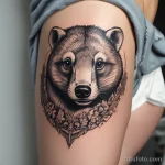 A highly detailed badger tattoo on a womans thigh, with natural lighting and sharp line work. tatufoto.com 03 10 24 03
