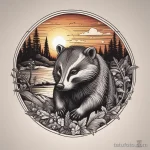 A highly detailed badger tattoo with a sunset background, blending nature with art. tatufoto.com 03 10 24 18