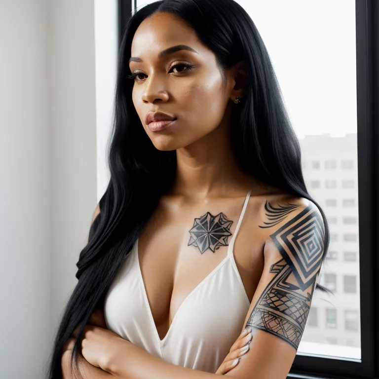 A light skinned woman with long black hair in a modern apartment tatufoto.com 007