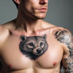 A man showing a detailed badger tattoo on his chest, with his face partially visible in the shot. tatufoto.com 03 10 24 03