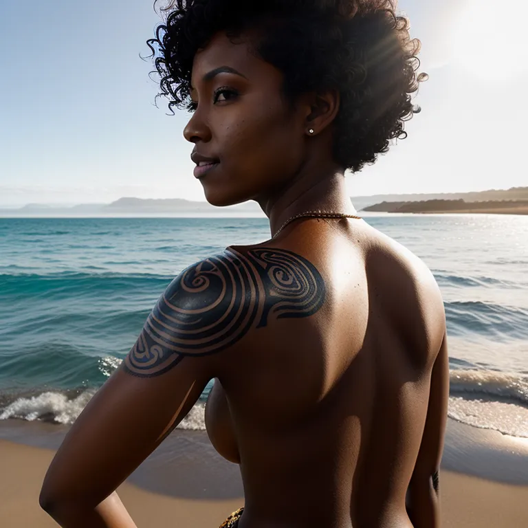 A medium skinned woman with short curly hair standing by the ocean tatufoto.com 009