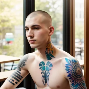A pale skinned man with a buzz cut sitting at a caf tatufoto.com 010