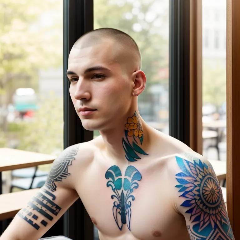 A pale skinned man with a buzz cut sitting at a caf tatufoto.com 010