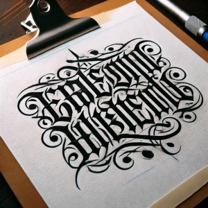 Черно-белый эскиз татуировки в стиле Blackletter с красивой каллиграфической надписью и декоративными элементами.