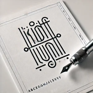 Черно-белый эскиз татуировки в стиле Blackletter с лаконичной надписью и простыми геометрическими элементами, выполненный пером.