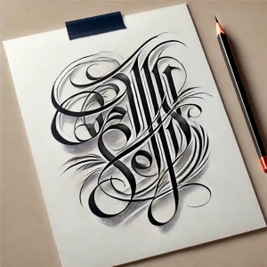 Черно-белый эскиз татуировки в стиле Blackletter с красивой каллиграфической надписью и декоративными элементами, прикрепленный к планшету.