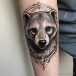 A photorealistic badger tattoo on a womans forearm, with intricate line work and fine details. tatufoto.com 03 10 24 02