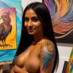 A tanned woman with dark straight hair in an art studio tatufoto.com 01222