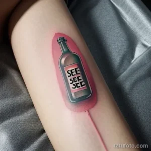 Фото тату на предплечье: зеленая бутылка с надписью "SEE SEE SEE" и красным следом, напоминающим капли, выполненная в минималистичном стиле.
