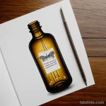 Фото эскиза тату: коричневая бутылка с этикеткой, украшенная изображением бабочки, выполненная карандашом на бумаге. Детализированный эскиз татуировки.