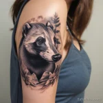 A woman with a photorealistic badger tattoo on her upper arm, with her facial features softly visible in the background. tatufoto.com 03 10 24 02