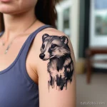 A woman with a watercolor badger tattoo on her arm, her face softly visible in the background. tatufoto.com 03 10 24 10