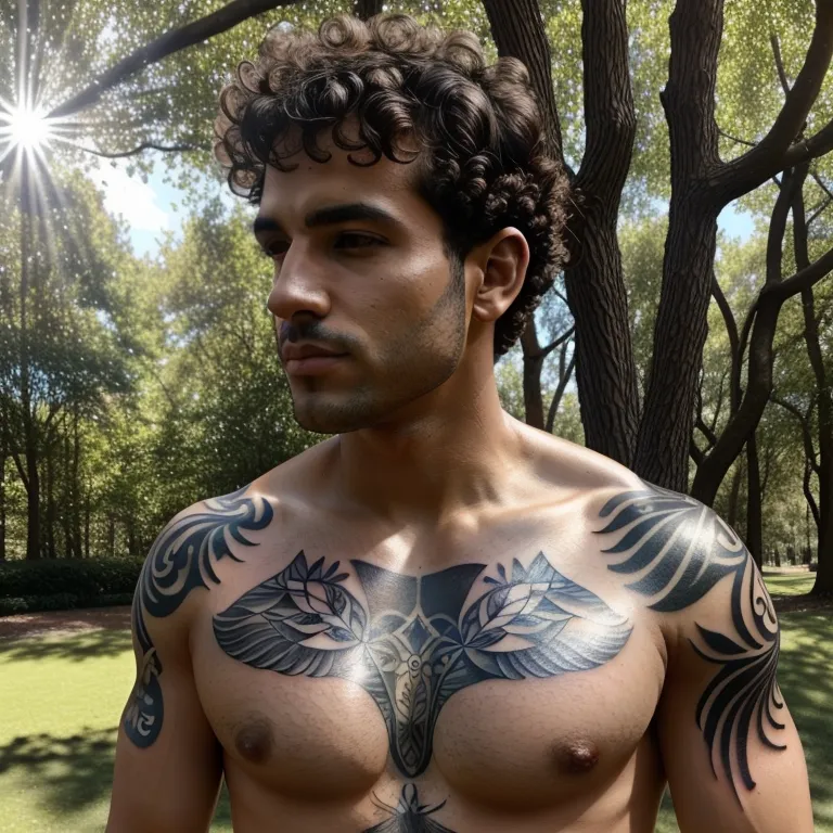 An olive skinned man with curly brown hair standing in a sunlit park tatufoto.com 013