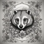 Badger tattoo surrounded by nature elements, lifelike forest and fur details. tatufoto.com 03 10 24 09
