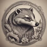 Badger tattoo with wood-carving elements, focusing on detailed textures. tatufoto.com 03 10 24 13