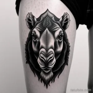 Черно-белое фото тату головы верблюда на бедре, выполненное в стиле Dotwork с использованием множества точек для создания объема и текстуры.