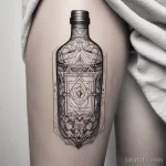 Black and white geometric bottle tattoo on the upper thigh, incorporating shapes. tatufoto.com 03 10 24 12 37_63