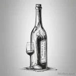 Черно-белый скетч татуировки бутылки вина и бокала. Линейный рисунок, имитация карандашного наброска, детализированная проработка.