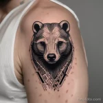 Bold blackwork badger tattoo on a shoulder, with strong contrasts and minimalistic style. tatufoto.com 03 10 24 04