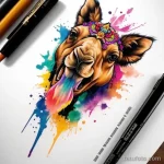 Camel tattoo draft with vibrant color splashes tatufoto.com 042