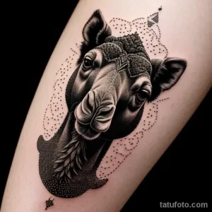 Фото тату на бедре с изображением головы верблюда, выполненной в технике dotwork. Детализированная проработка глаз и шерсти создает реалистичный эффект.