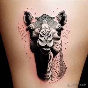 Фото тату на бедре с изображением головы верблюда, выполненной в технике dotwork. Множество точек создают объем и текстуру.
