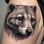 Close-up of a detailed badger tattoo on a womans upper arm, with realistic fur texture and lifelike shading. tatufoto.com 03 10 24 01