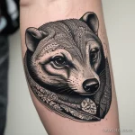 Close-up of a man with a dotwork badger tattoo on his calf, his face visible with a calm expression. tatufoto.com 03 10 24 09