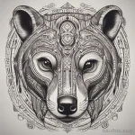 Detailed badger head tattoo design with tribal elements, bold lines on white paper. tatufoto.com 03 10 24 04