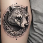 Dotwork badger tattoo, featuring intricate dot shading and fine details. tatufoto.com 03 10 24 08
