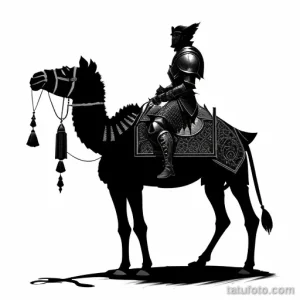 Черно-белое фото тату с изображением воина в доспехах, сидящего на верблюде. Стильный эскиз для любителей восточной культуры и истории.