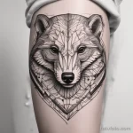 Fine line badger tattoo with geometric accents, displayed on the upper thigh. tatufoto.com 03 10 24 17