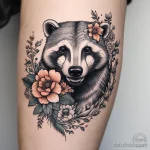 Floral badger tattoo with flowers intertwined in a photorealistic style. tatufoto.com 03 10 24 12
