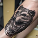 Highly detailed badger tattoo with a mix of blackwork and dotwork techniques. tatufoto.com 03 10 24 11