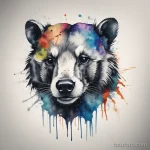 Modern watercolor badger tattoo with splashes of color and sharp details. tatufoto.com 03 10 24 02 52_13