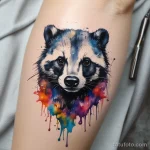 Modern watercolor badger tattoo with splashes of color and sharp details. tatufoto.com 03 10 24 02 84_98