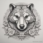 Neo-traditional badger tattoo design with bold outlines and vivid shading, displayed on a blank white sheet. tatufoto.com 03 10 24 08