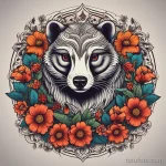 Neo-traditional badger tattoo with intricate floral elements and bold colors. tatufoto.com 03 10 24 05