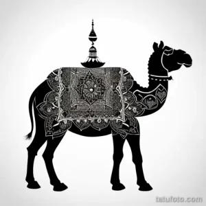 Черно-белый эскиз тату верблюда, украшенного восточным орнаментом и повозкой. Изысканный и детализированный дизайн.