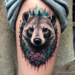 Photorealistic badger tattoo on a womans thigh, with vibrant nature elements surrounding it. tatufoto.com 03 10 24 02