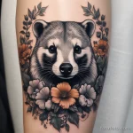 Photorealistic badger tattoo on the arm, surrounded by floral elements. tatufoto.com 03 10 24 04
